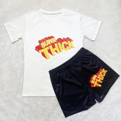 Women Summer Black Casual O-Neck Short Sleeves High Waist Letter Print Regular Two Piece Shorts Set