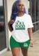 Women Summer Green Casual O-Neck Short Sleeves High Waist Letter Print Regular Two Piece Shorts Set