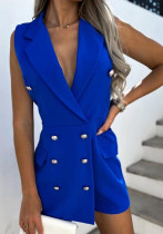 Women Summer Blue Formal V-neck Sleeveless Solid Button Above Knee Regular Rompers