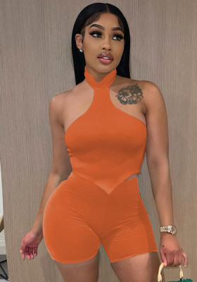 Women Summer Orange Sexy Halter Sleeveless High Waist Solid Skinny Two Piece Shorts Set