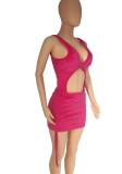 Women Summer Pink Sexy V-neck Sleeveless High Waist Solid Velvet Hollow Out Skinny MiniTwo Piece Skirt Set