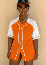 Women Summer Orange O-Neck Short Sleeves High Waist Color Blocking Button Regular Short Sweatsuit