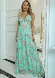 Women Summer Green Romantic V-neck Sleeveless Floral Print Cascading Ruffle Maxi Dress