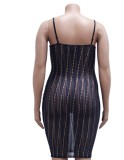 Women Summer Black Sexy Strap Sleeveless Striped Print Midi Straight Plus Size Long Dress