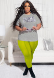 Women Summer Grey and green Casual O-Neck Short Sleeves High Waist Letter Print Regular Plus Size Two Piece Pants Set