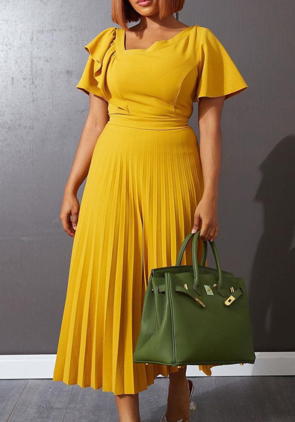 Women Summer Yellow Modest V-neck Short Sleeves Solid Cascading Ruffle Maxi Dress