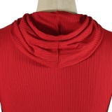 Women Summer Red Casual Hooded Sleeveless High Waist Solid Ripped Regular Two Piece Shorts Set