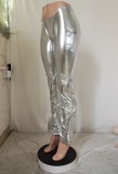Women Autumn Silver Straight Mid Waist Elastic Waist Solid Full Length Regular Pants