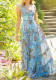 Women Summer Blue Romantic V-neck Sleeveless Floral Print Cascading Ruffle Maxi Dress