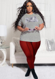 Women Summer Grey and Burgundy Casual O-Neck Short Sleeves High Waist Letter Print Regular Plus Size Two Piece Pants Set