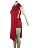 Women Summer Red Casual Hooded Sleeveless High Waist Solid Ripped Regular Two Piece Shorts Set