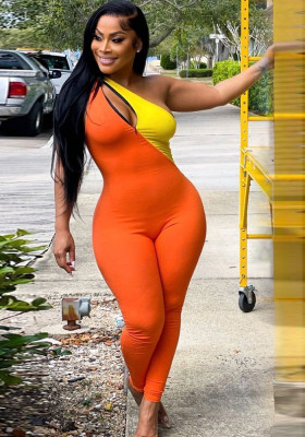 Women Summer Orange Modest Slash Neck Sleeveless Color Blocking Zippers Full Length Skinny Jumpsuit