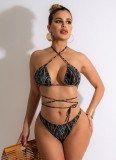 Women Printed Cover-Up Strap Printed Lace Up Three Piece Swimwear
