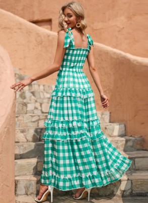 Women Summer Green Romantic Strap Sleeveless Plaid Print Ruffles Maxi Dress