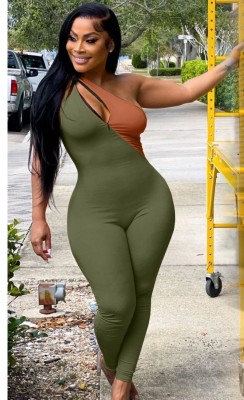 Women Summer Green Modest Slash Neck Sleeveless Color Blocking Zippers Full Length Skinny Jumpsuit