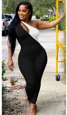 Women Summer Black Modest Slash Neck Sleeveless Color Blocking Zippers Full Length Skinny Jumpsuit