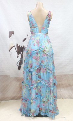 Women Summer Blue Romantic V-neck Sleeveless Floral Print Cascading Ruffle Maxi Dress