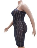 Women Summer Black Sexy Strap Sleeveless Striped Print Midi Straight Plus Size Long Dress