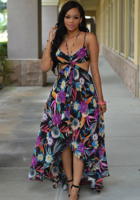 Women Summer Purple Casual Halter Sleeveless Floral Print Hollow Out Midi Asymmetrical Holiday Dress