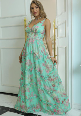 Women Summer Green Romantic V-neck Sleeveless Floral Print Cascading Ruffle Maxi Dress