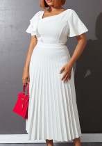 Women Summer White Modest V-neck Short Sleeves Solid Cascading Ruffle Maxi Dress