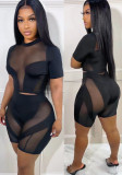 Women Summer Black Modest Turtleneck Short Sleeves High Waist Patchwork Mesh Skinny Two Piece Shorts Set