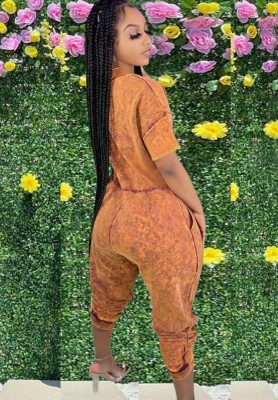 Women Summer Orange Casual V-neck Short Sleeves Tie Dye Pockets Full Length Loose Jumpsuit