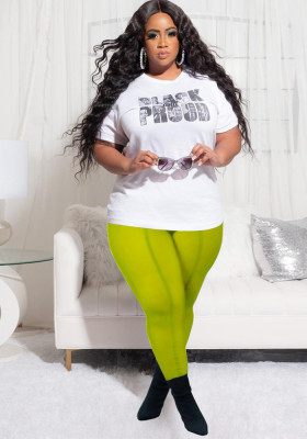 Women Summer Green Casual O-Neck Short Sleeves High Waist Letter Print Regular Plus Size Two Piece Pants Set