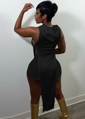 Women Summer Black Casual Hooded Sleeveless High Waist Solid Ripped Regular Two Piece Shorts Set