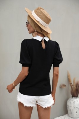 Women Summer Black Cute Turn-down Collar Short Sleeves Solid Diamonds Regular T-Shirt