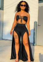Women Summer Black Casual Strapless Sleeveless High Waist Solid Lace Up Regular Two Piece Pants Set