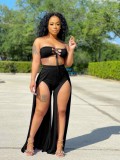 Women Summer Black Casual Strapless Sleeveless High Waist Solid Lace Up Regular Two Piece Pants Set