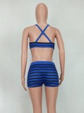 Women Summer Blue Sexy Strap Sleeveless High Waist Striped Print Skinny Two Piece Shorts Set