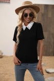 Women Summer Black Cute Turn-down Collar Short Sleeves Solid Diamonds Regular T-Shirt