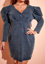 Women Autumn Grey Modest V-neck Full Sleeves Solid Denim Mini Loose Plus Size Casual Dress