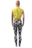 Women Summer Yellow Casual Turn-down Collar Sleeveless High Waist Printed Bow Regular Two Piece Pants Set