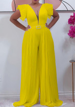 Women Summer Yellow Romantic V-neck Short Sleeves Solid Pleated Full Length Loose Jumpsuit