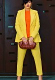 Women Autumn Yellow Formal Turn-down Collar Full Sleeves High Waist Solid Pockets Regular Two Piece Pants Set