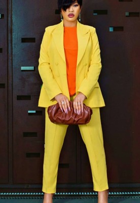 Women Autumn Yellow Formal Turn-down Collar Full Sleeves High Waist Solid Pockets Regular Two Piece Pants Set