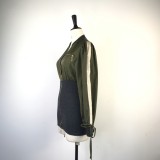 Women Autumn Green Casual O-Neck Full Sleeves Color Blocking Zippers Mini Bodycon Dress