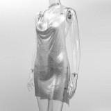 Women Summer Silver Sexy Halter Sleeveless Solid Metallic Slit Mini Straight Club Dress