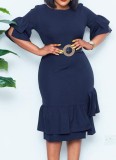 Women Summer Blue Modest O-Neck Half Sleeves Solid Ruffles Midi Pencil Office Dress