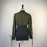 Women Autumn Green Casual O-Neck Full Sleeves Color Blocking Zippers Mini Bodycon Dress