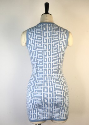 Women Summer Blue Casual O-Neck Sleeveless Printed Button Mini Bodycon Dress