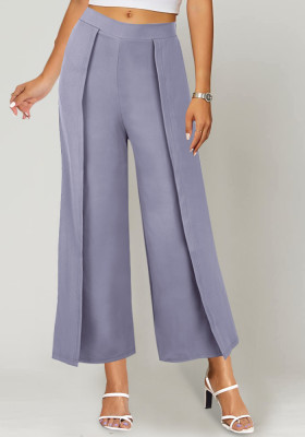 Women Autumn Grey Wide Leg Pants High Waist Elastic Waist Solid Ankle-Length Loose Pants