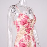 Women Summer Pink Romantic Strap Sleeveless Floral Print Maxi Dress