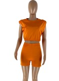 Women Summer Orange Casual O-Neck Short Sleeves High Waist Solid Skinny Two Piece Shorts Set