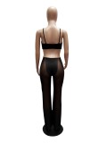 Women Summer Black Sexy Strap Sleeveless Patchwork Mesh Full Length Regular Jumpsuit