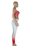 Women Summer Red Casual Strapless Sleeveless High Waist Printed Pleated Regular Two Piece Pants Set
