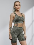 Women Summer Green Strap Sleeveless High Waist Camo Tight Short Tracksuit